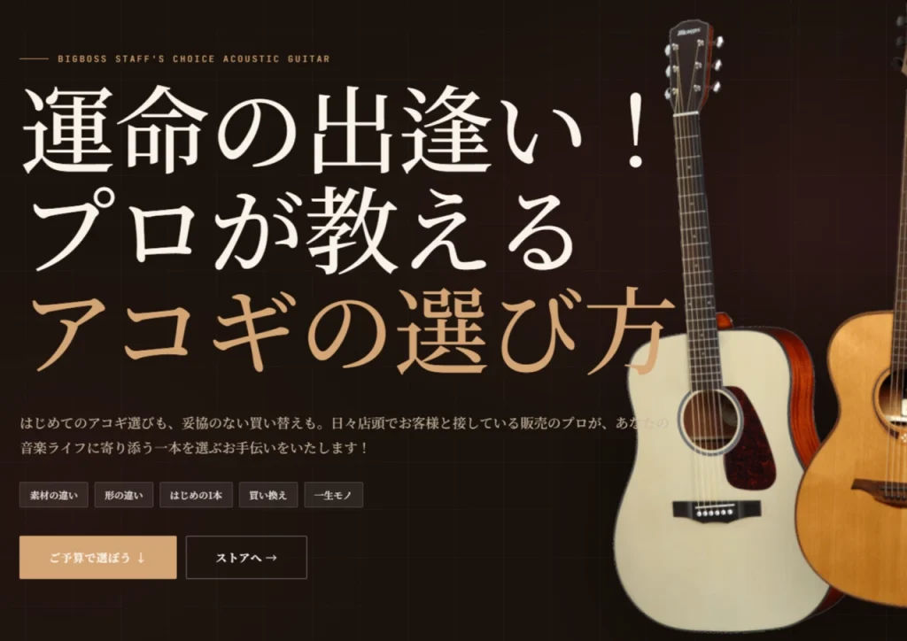 運命の出逢い！プロが教えるアコギの選び方 はじめてのアコギ選びも、妥協のない買い替えも。日々店頭でお客様と接している販売のプロが、あなたの音楽ライフに寄り添う一本を選ぶお手伝いをいたします！